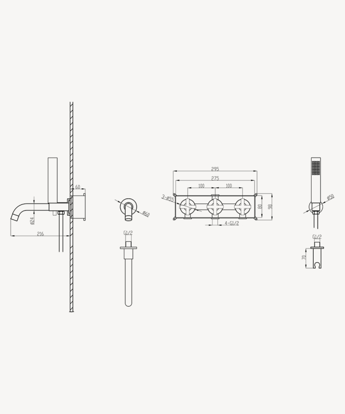 Miscelatore da incasso per vasca 5 fori Gun metal - Corbeau