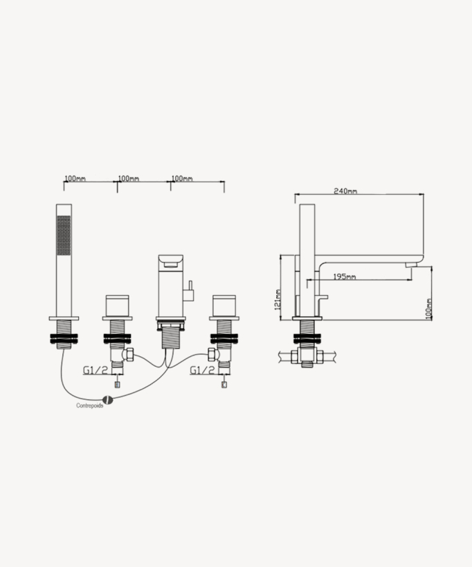 Rubinetto miscelatore per vasca-doccia a 4 fori da appoggio Cromato - Nunki