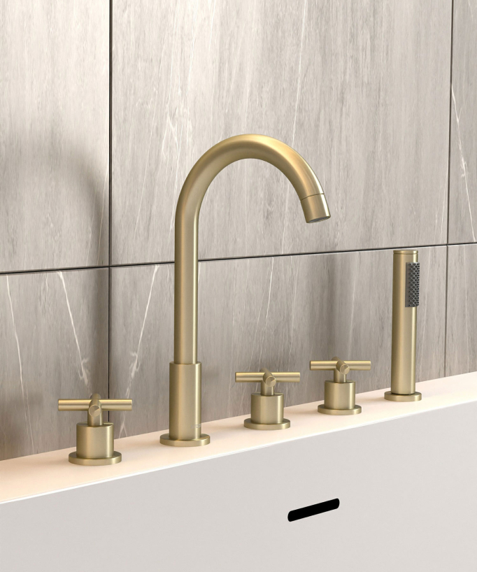 Rubinetto miscelatore per vasca-doccia a 5 fori da appoggio Dorato spazzolato - Corbeau