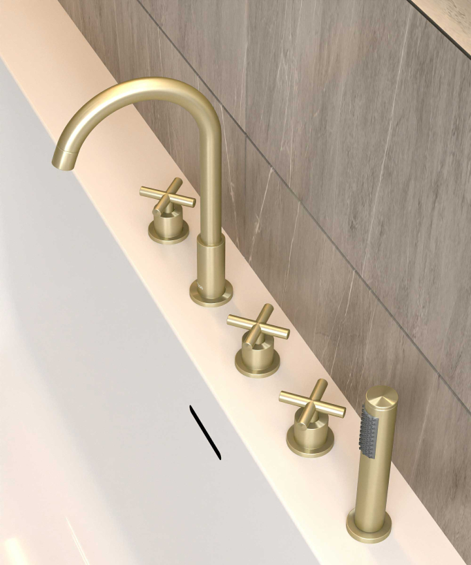 Rubinetto miscelatore per vasca-doccia a 5 fori da appoggio Dorato spazzolato - Corbeau