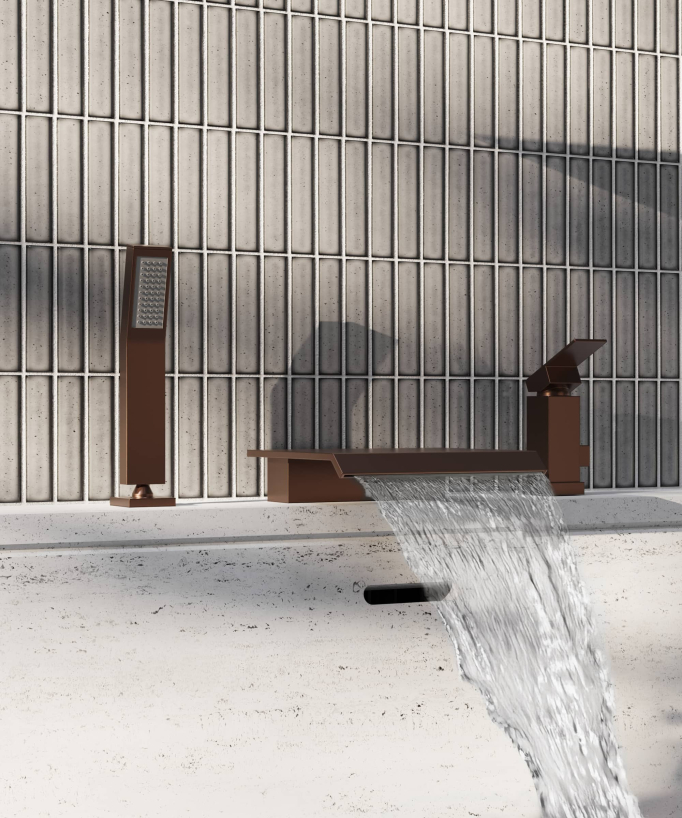 Miscelatore bagno cascata bordo vasca 3 fori Oro rosa spazzolato - Sirius