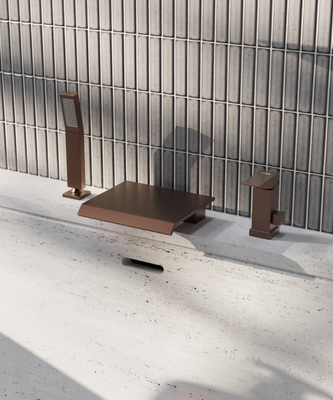 Miscelatore bagno cascata bordo vasca 3 fori Oro rosa spazzolato - Sirius