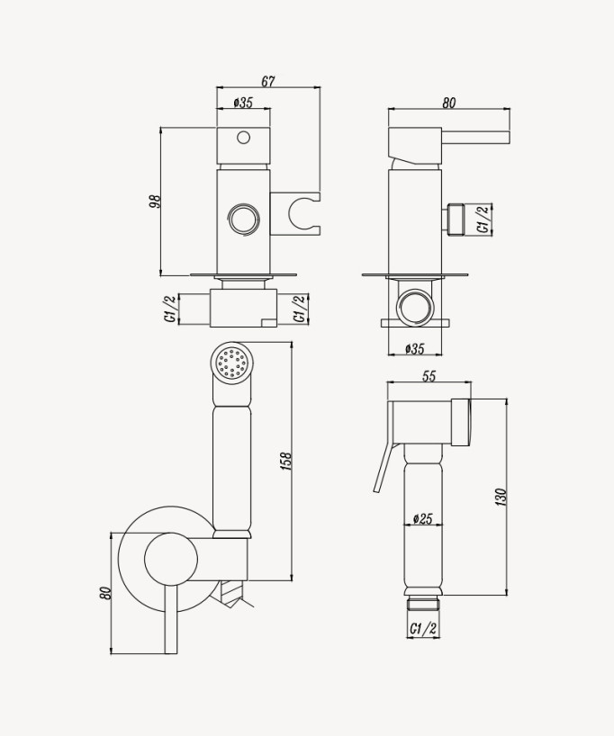 Kit douchette WC mural rond