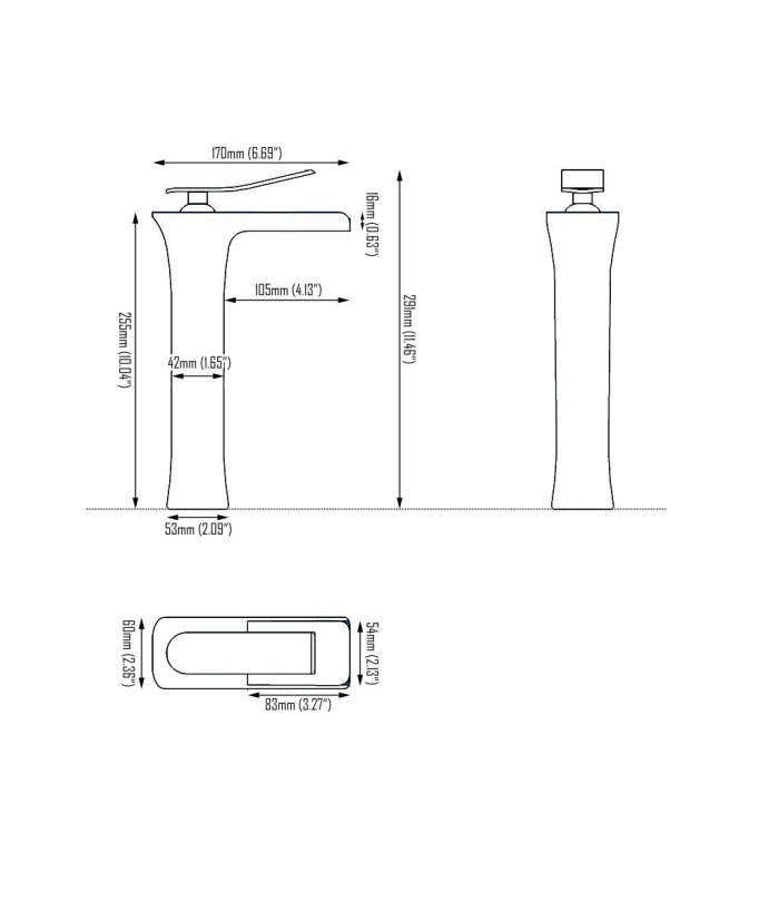 Rubinetto lavabo a cascata cromato in ottone, monocomando alto design squadrato