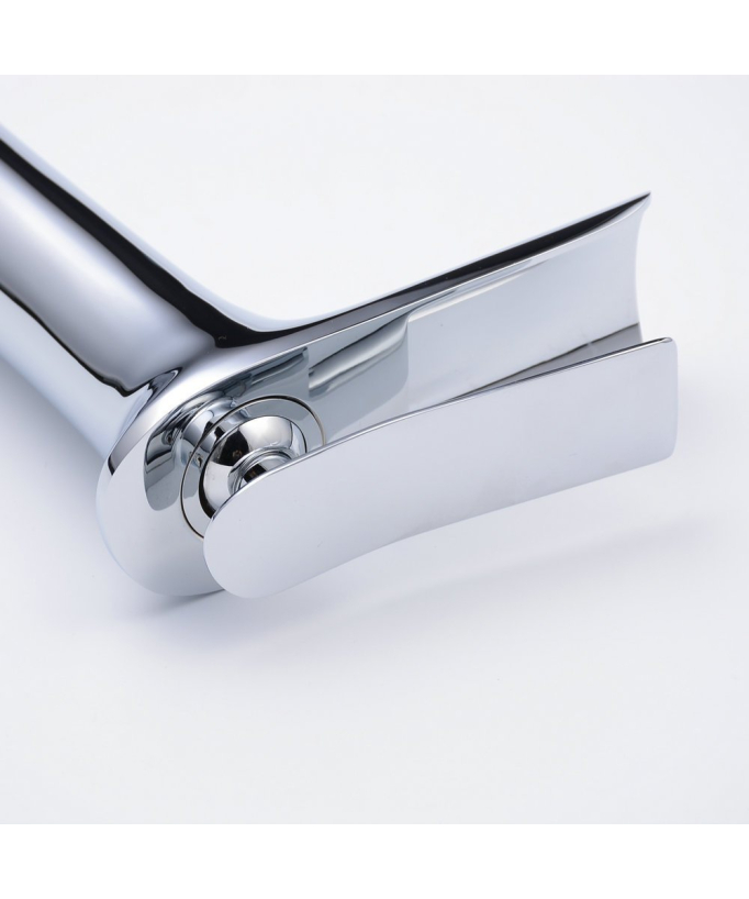 Rubinetto lavabo a cascata cromato in ottone, monocomando alto design squadrato