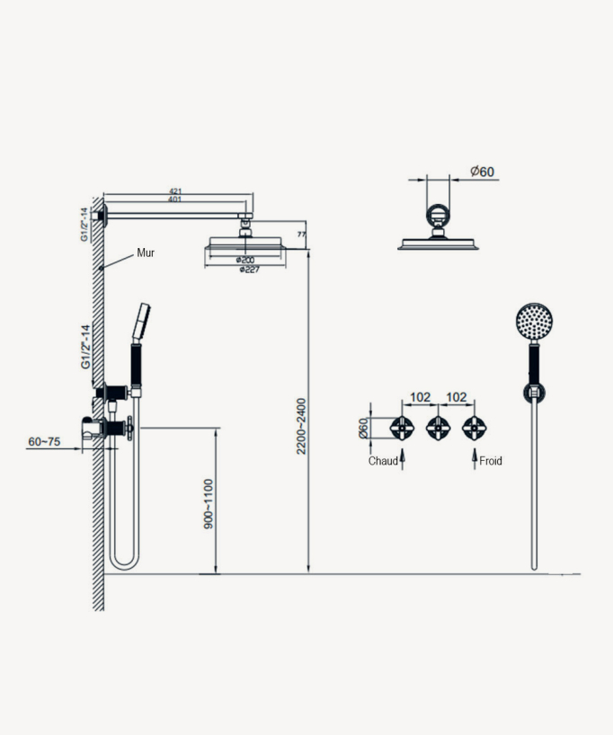Set doccia incasso Nickel spazzolato - Miscelatore, soffione e doccetta - Hera