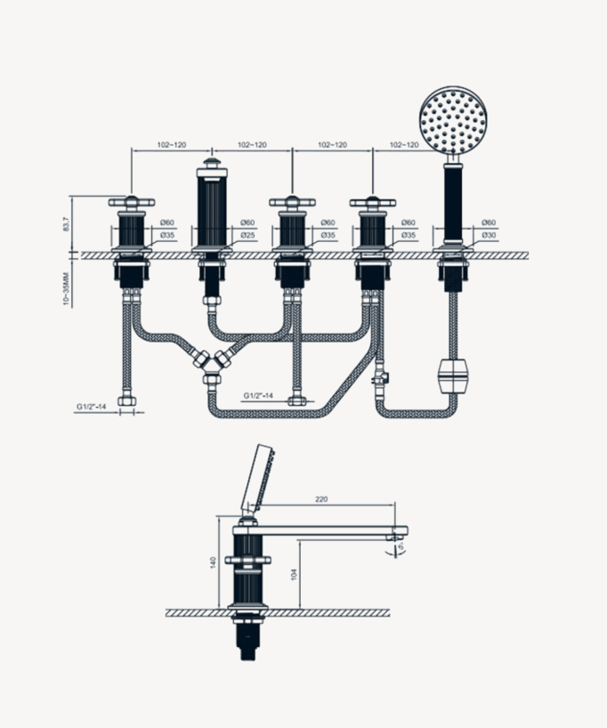 Miscelatore per vasca-doccia a 5 fori da appoggio Dorato spazzolato - Hera