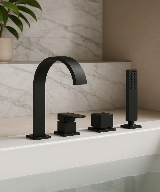 Rubinetto per vasca da appoggio classico con doccetta a 4 fori - Nero - small