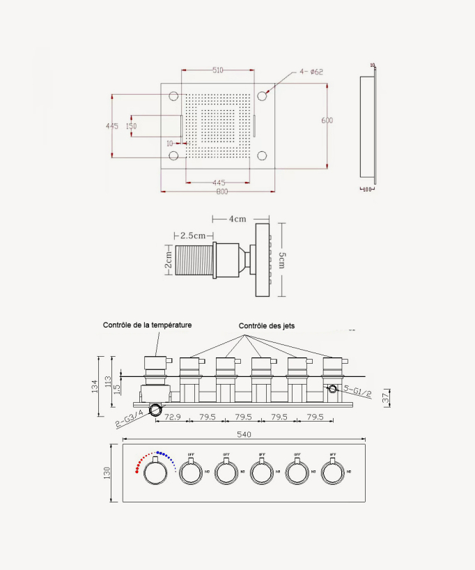 Gruppo doccia termostatico multifunzione a LED - 600x800 mm
