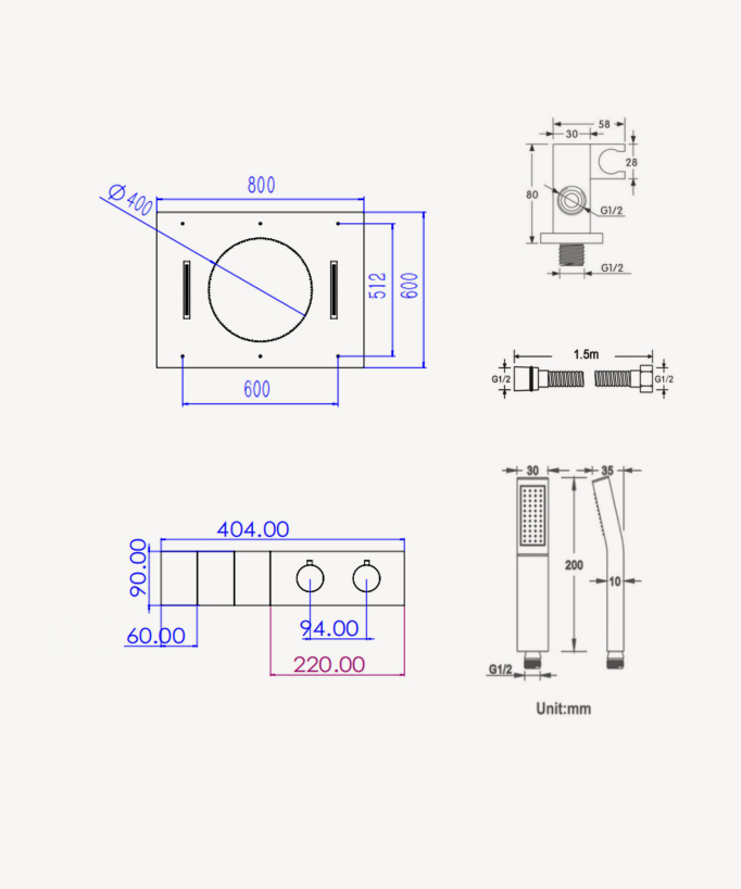 Composizione doccia termostatica getto cascata pioggia e laterali