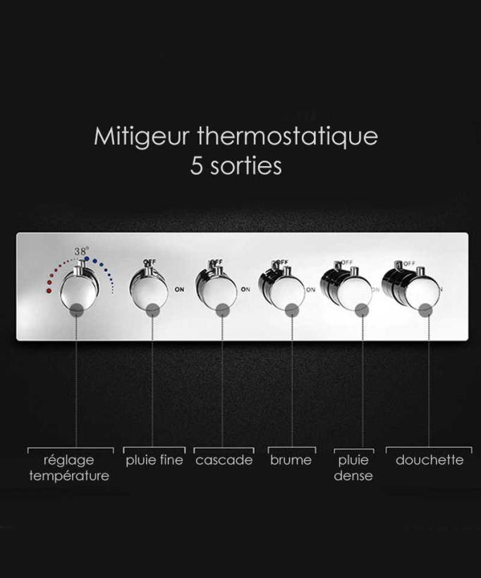 Set doccia termostatico con soffione a pioggia LED e cromoterapia - 80x60 cm