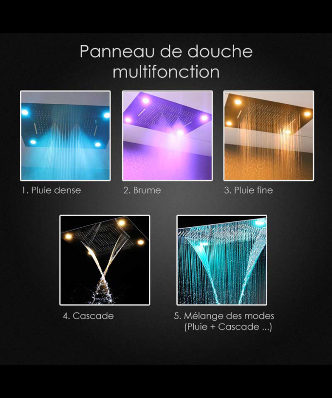 Pannello doccia termostatico con soffione a LED 800x600 mm - Nero