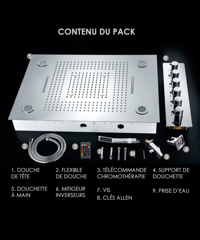 Set doccia termostatico con soffione a pioggia LED e cromoterapia - 80x60 cm