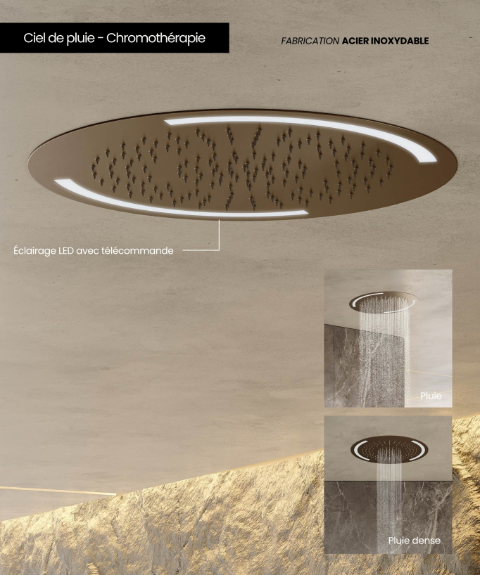 Pack doccia termostatico con soffione rotondo a LED Oro rosa spazzolato - Corbeau