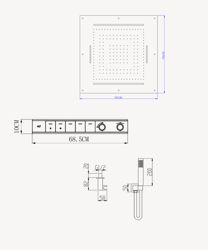 Set doccia termostatica, soffione multifunzione 70x70 cm a LED