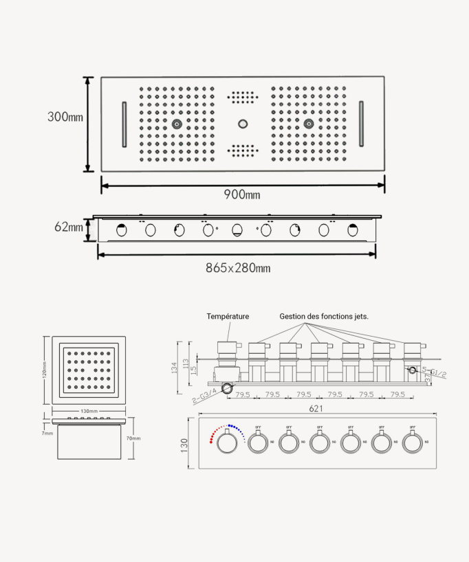 Pacchetto doccia termostatico con 3 getti LED Oro spazzolato - 900x300 mm