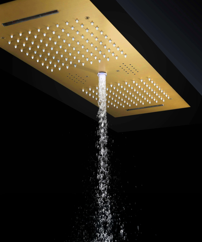 Pacchetto doccia termostatico con 3 getti LED Oro spazzolato - 900x300 mm