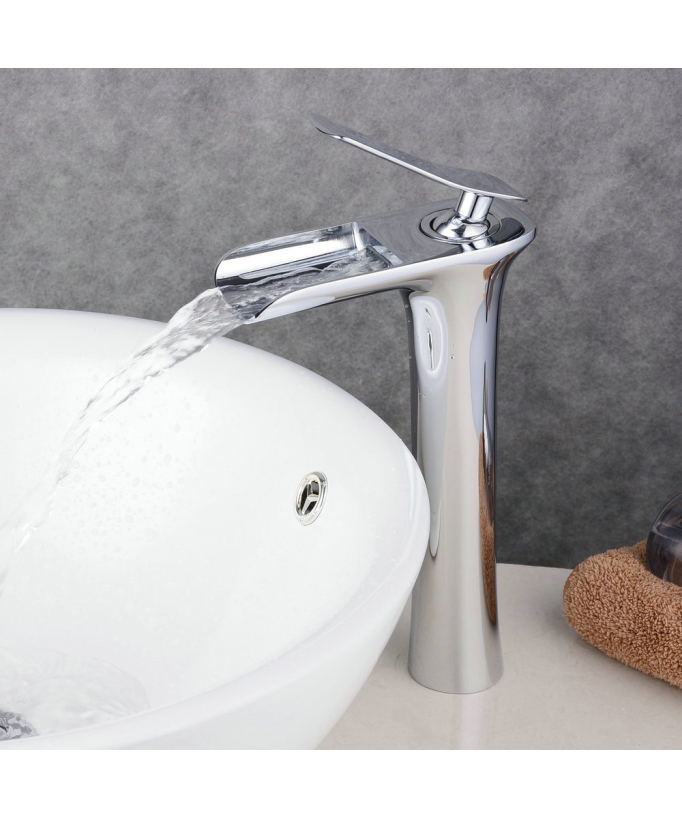 Rubinetto lavabo a cascata cromato in ottone, monocomando alto design squadrato - small