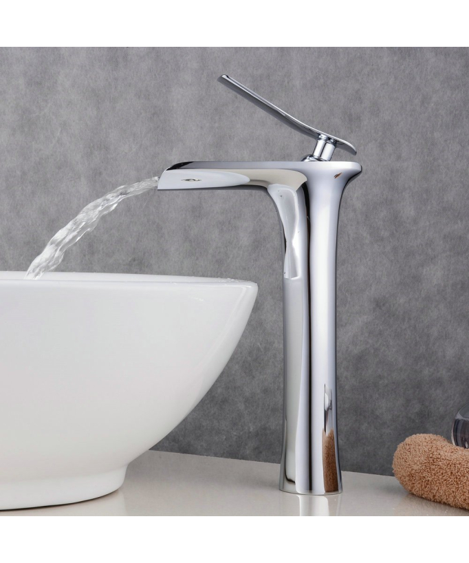 Rubinetto lavabo a cascata cromato in ottone, monocomando alto design squadrato