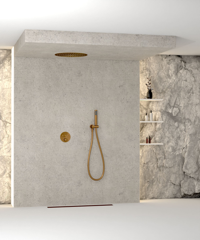 Pacchetto doccia termostatico con soffione rotondo da incasso - Oro rosa spazzolato