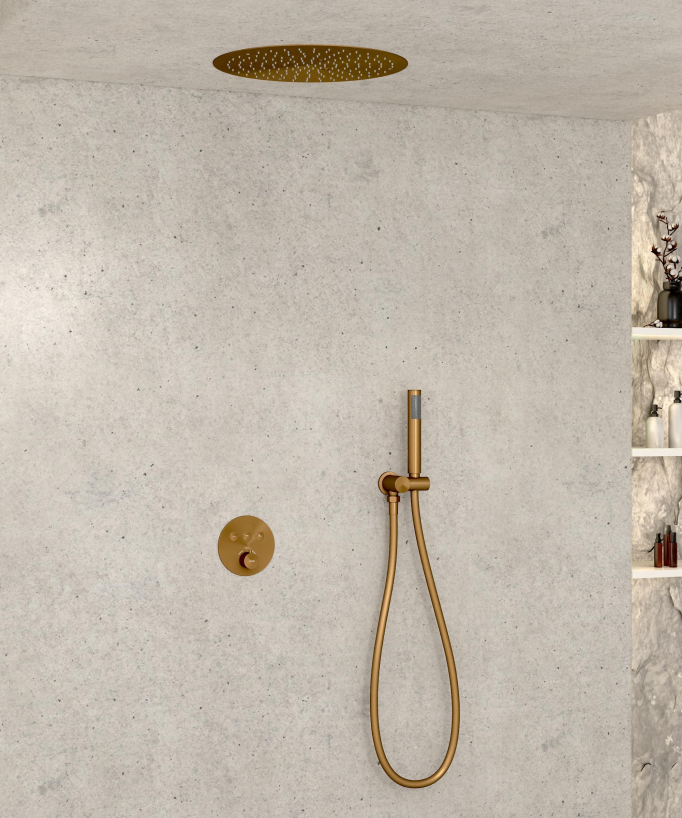 Pacchetto doccia termostatico con soffione rotondo da incasso - Oro rosa spazzolato - small