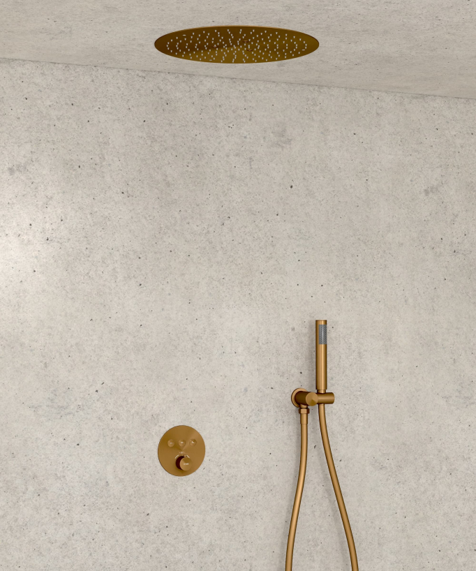 Pacchetto doccia termostatico con soffione rotondo da incasso - Oro rosa spazzolato