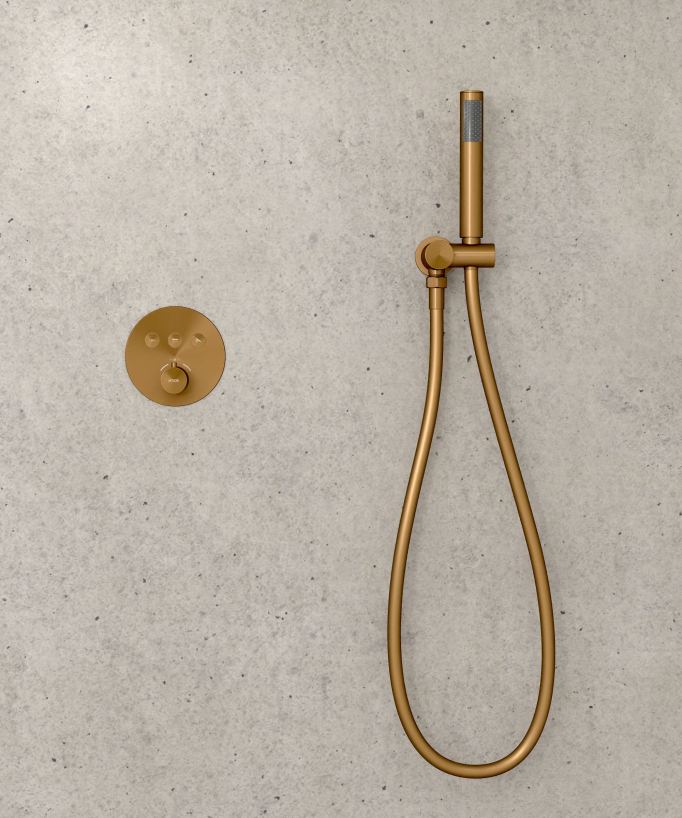 Pacchetto doccia termostatico con soffione rotondo da incasso - Oro rosa spazzolato