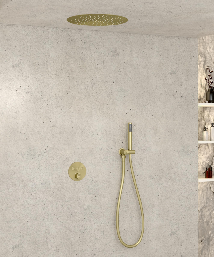 Pacchetto doccia termostatico con soffione rotondo da incasso - Oro spazzolato - small
