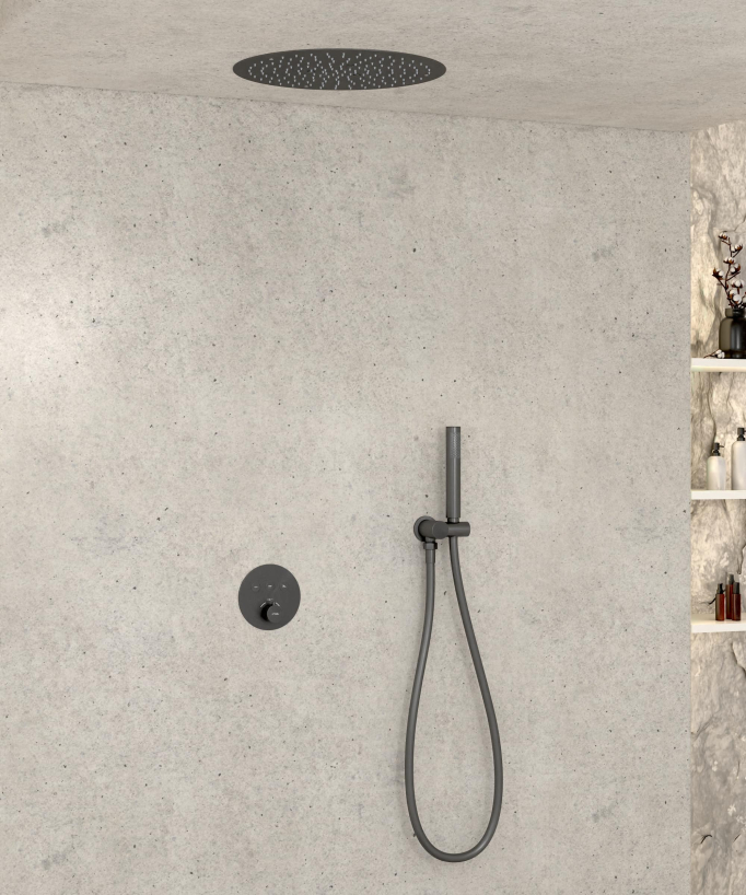 Pacchetto doccia termostatico con soffione rotondo da incasso - Metallo canna di fucile - small