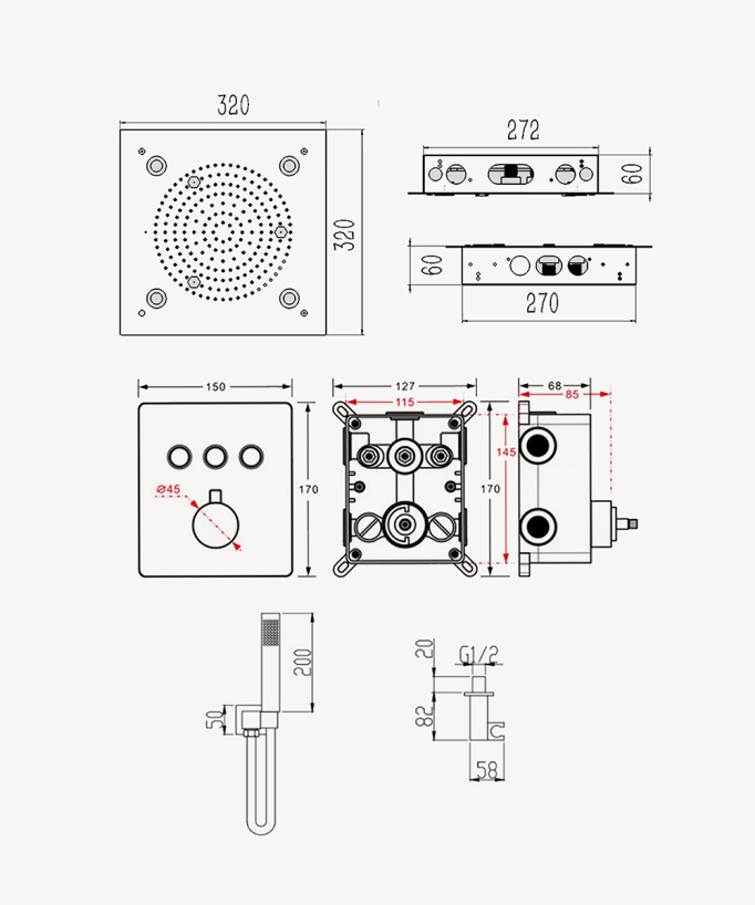Set doccia termostatico con soffione a pioggia LED incasso soffitto Oro spazzolato - Sirius