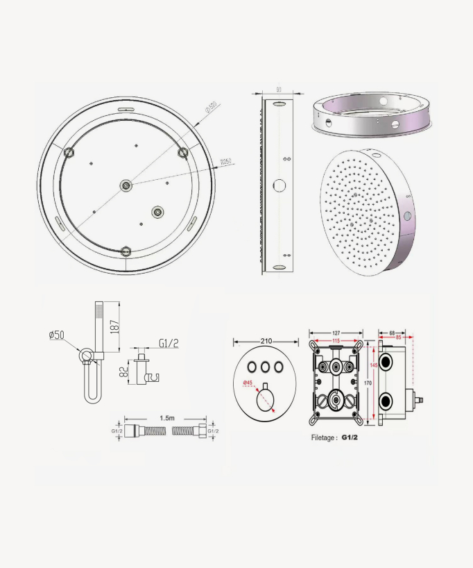 Set doccia termostatico con soffione rotondo incasso - Bianco