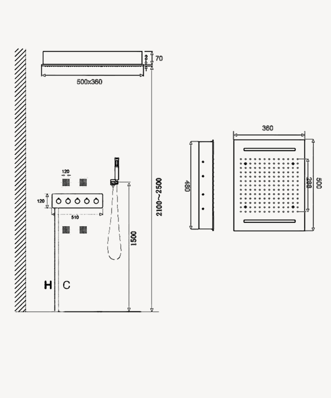 Sistema doccia termostatico completo a soffitto Getto massaggiante a LED