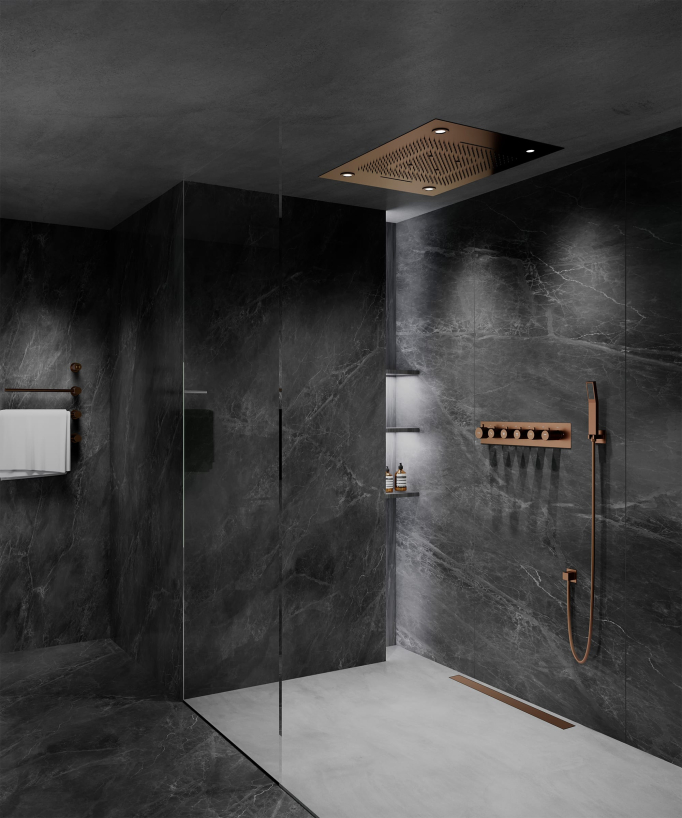 Pannello doccia termostatico con soffione LED 800x600 mm - Oro rosa spazzolato