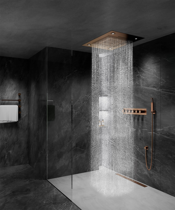 Pannello doccia termostatico con soffione LED 800x600 mm - Oro rosa spazzolato