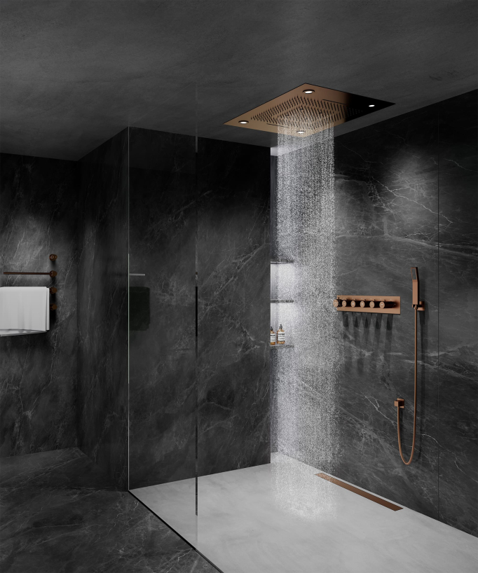 Pannello doccia termostatico con soffione LED 800x600 mm - Oro rosa spazzolato