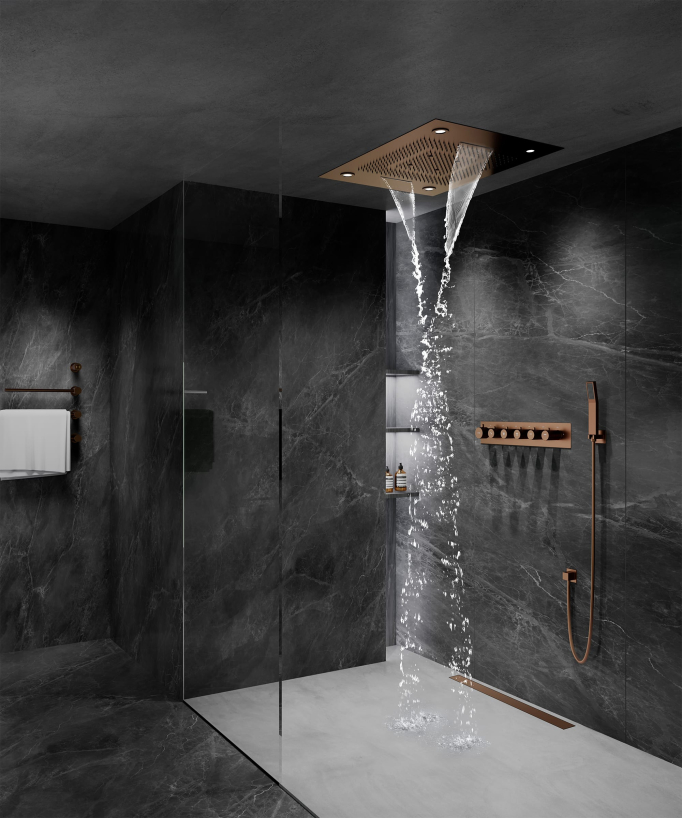 Pannello doccia termostatico con soffione LED 800x600 mm - Oro rosa spazzolato