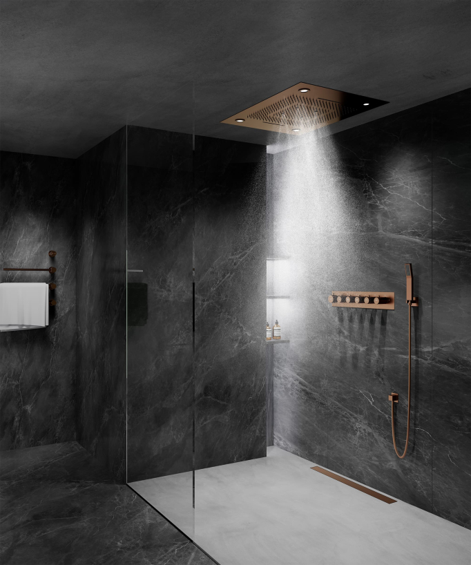 Pannello doccia termostatico con soffione LED 800x600 mm - Oro rosa spazzolato