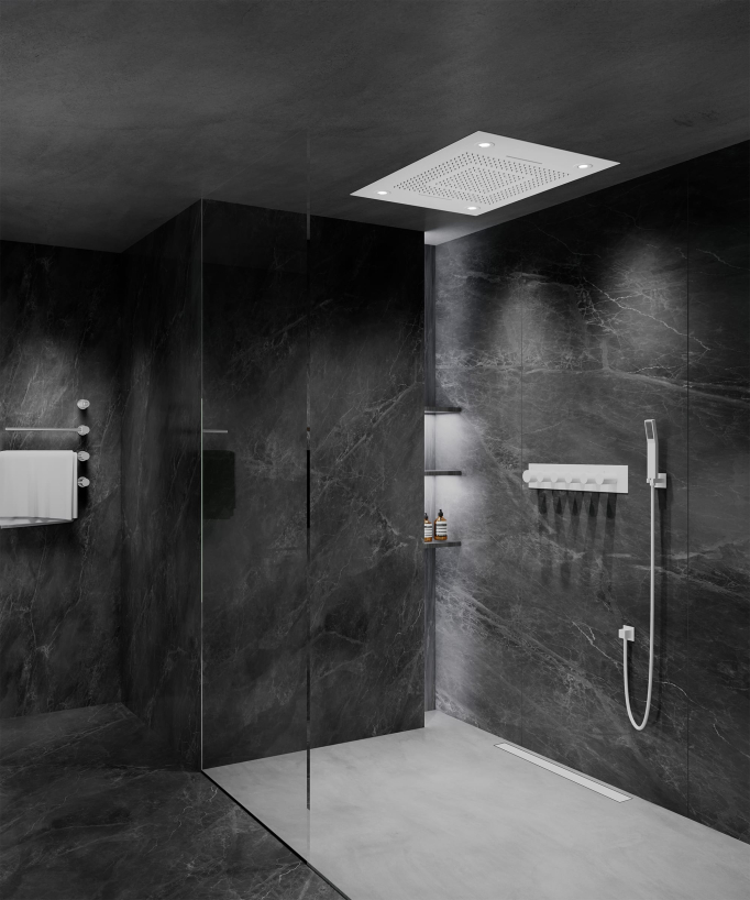 Composizione doccia termostatica con soffione LED e cromoterapia - 80x60 cm - Bianco