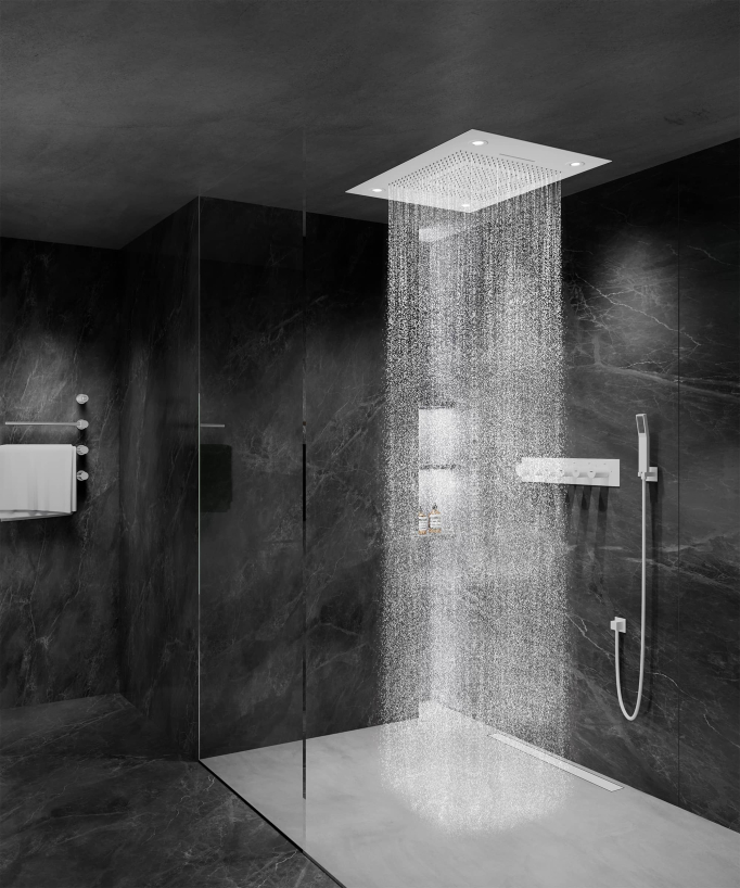 Composizione doccia termostatica con soffione LED e cromoterapia - 80x60 cm - Bianco