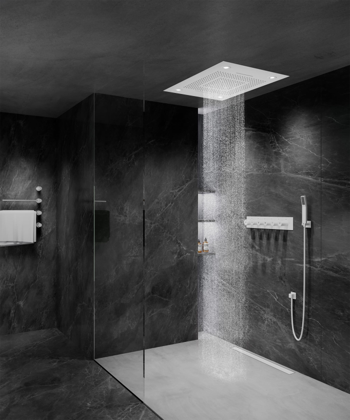 Composizione doccia termostatica con soffione LED e cromoterapia - 80x60 cm - Bianco