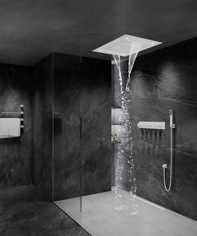 Composizione doccia termostatica con soffione LED e cromoterapia - 80x60 cm - Bianco