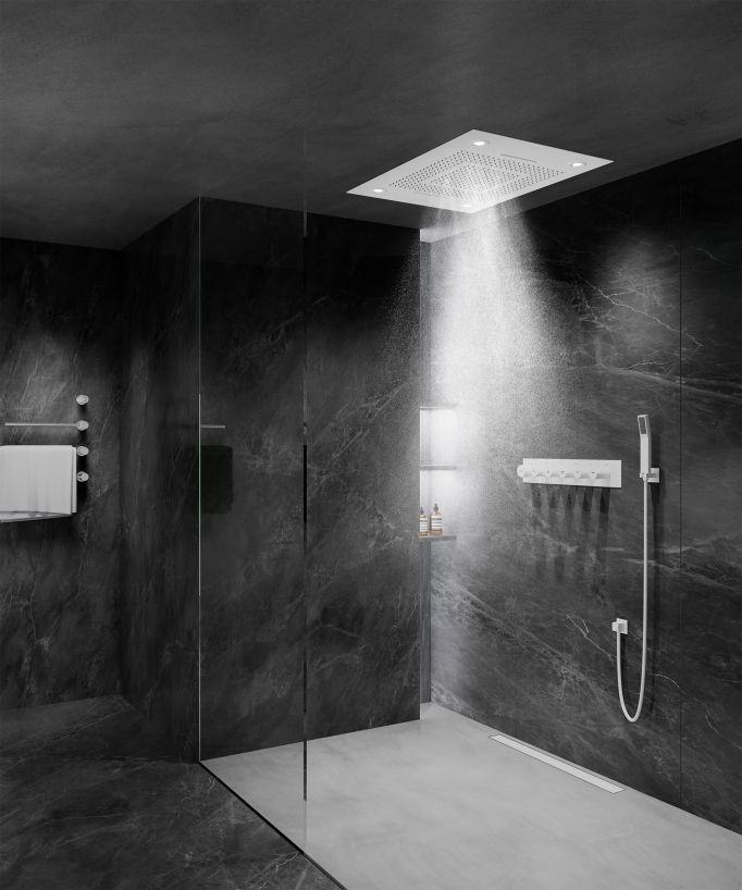 Composizione doccia termostatica con soffione LED e cromoterapia - 80x60 cm - Bianco