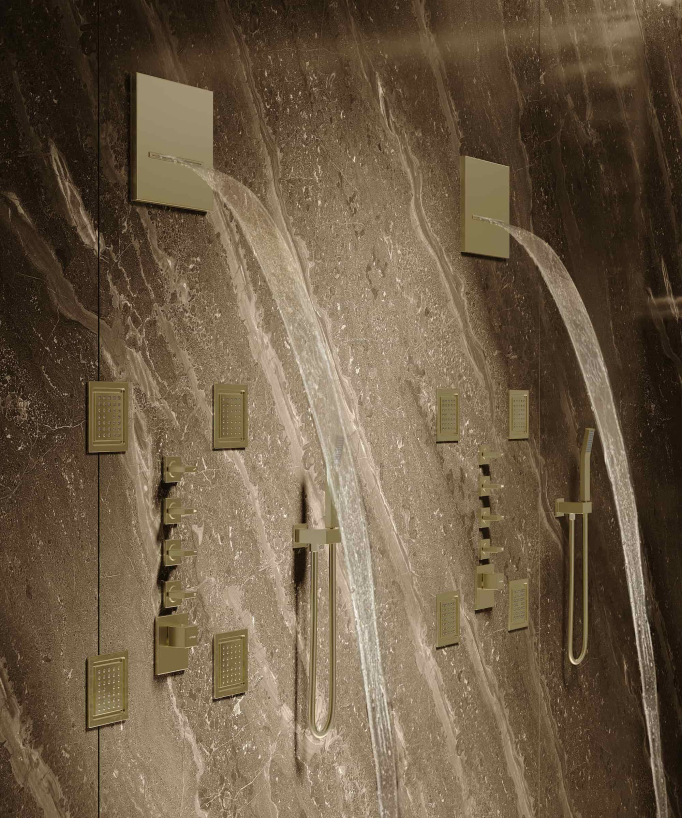 Composizione doccia termostatica soffione wellness con body jets Oro spazzolato - Sirius