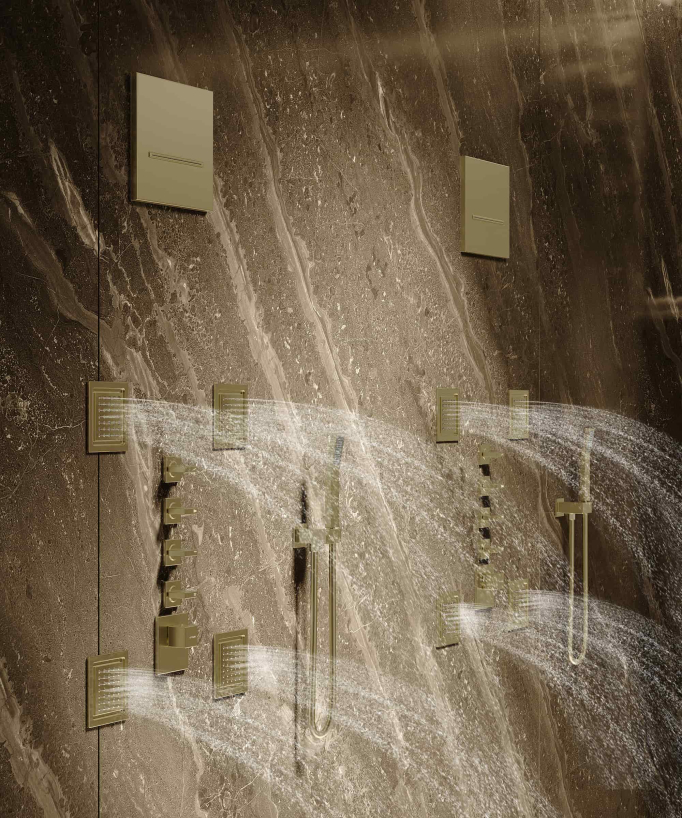 Composizione doccia termostatica soffione wellness con body jets Oro spazzolato - Sirius