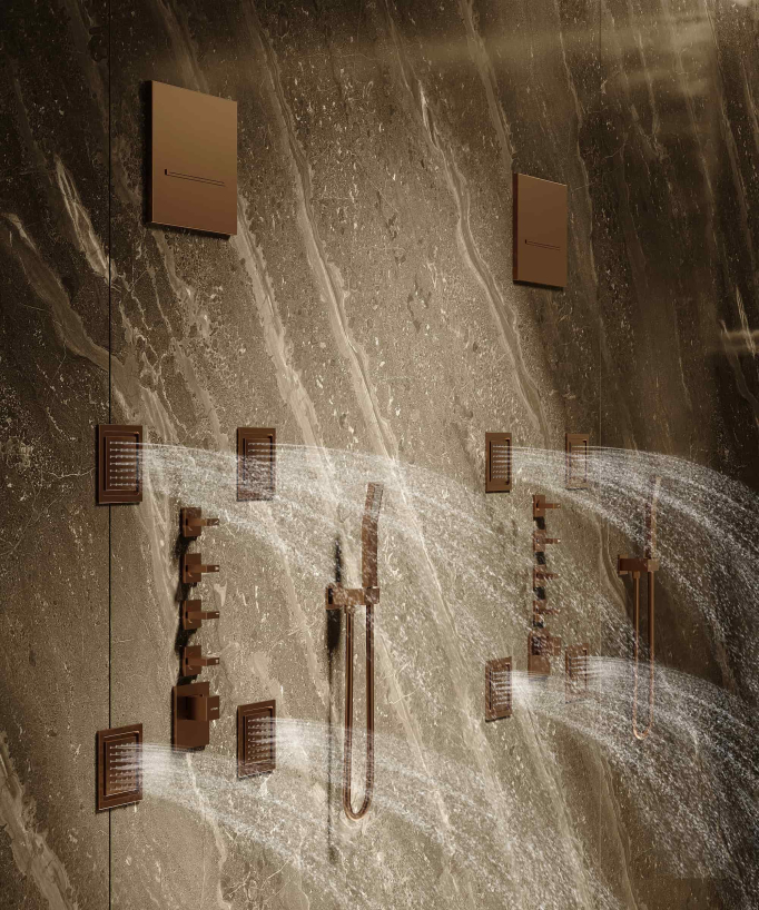 Composizione doccia termostatica soffione wellness con body jets Oro rosa spazzolato - Sirius