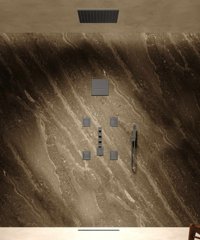 Composizione doccia termostatica soffione wellness con body jets Gun metal - Sirius