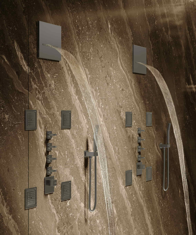 Composizione doccia termostatica soffione wellness con body jets Gun metal - Sirius
