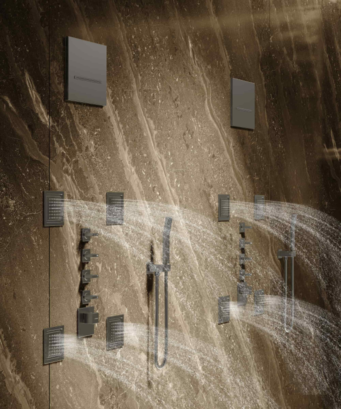 Composizione doccia termostatica soffione wellness con body jets Gun metal - Sirius