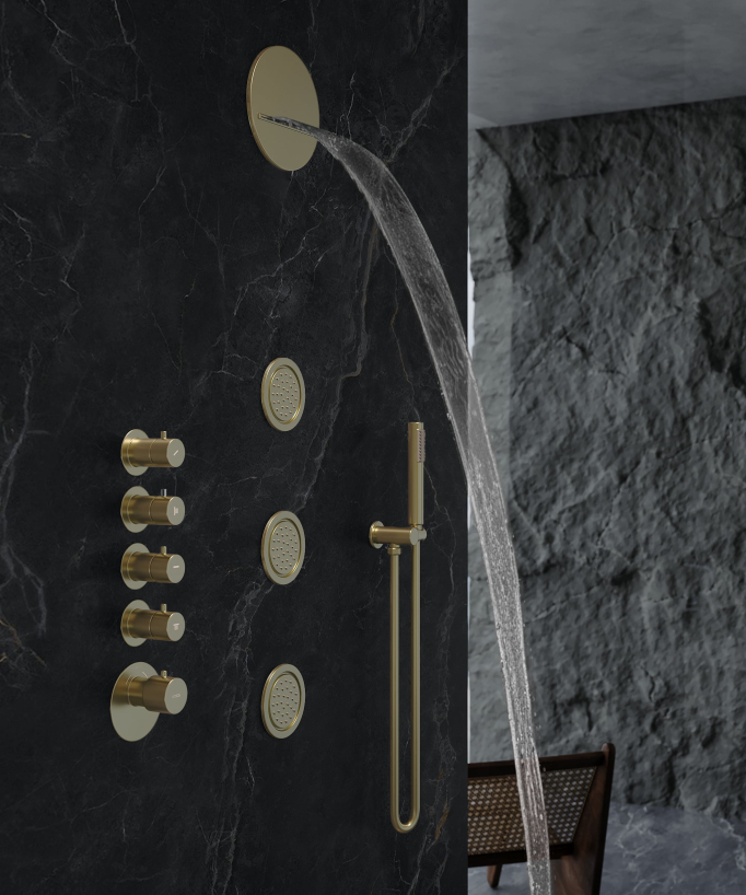 Composizione doccia termostatica soffione tondo wellness con body jets Oro spazzolato - Corbeau