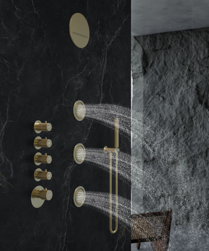 Composizione doccia termostatica soffione tondo wellness con body jets Oro spazzolato - Corbeau